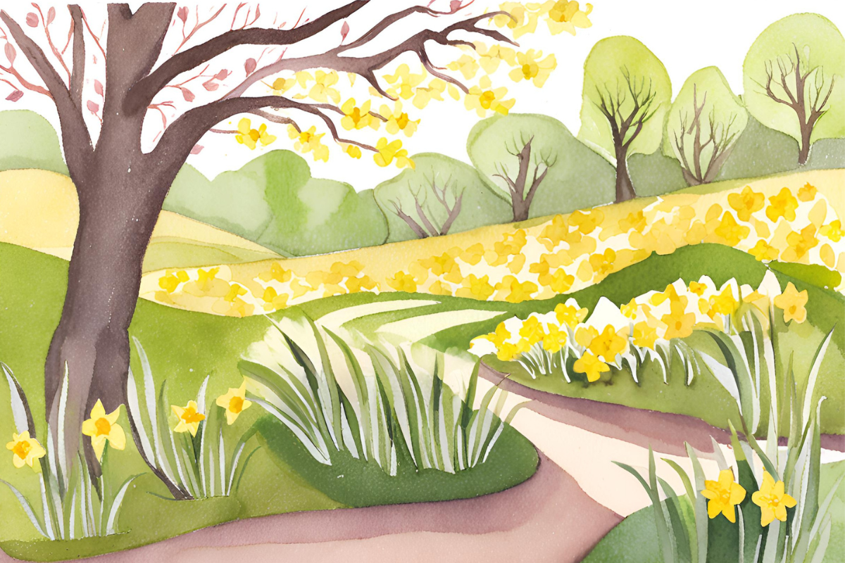 Green meadows, trees getting new leaves, daffofils and jonquils in full bloom can be seen in the graphics.